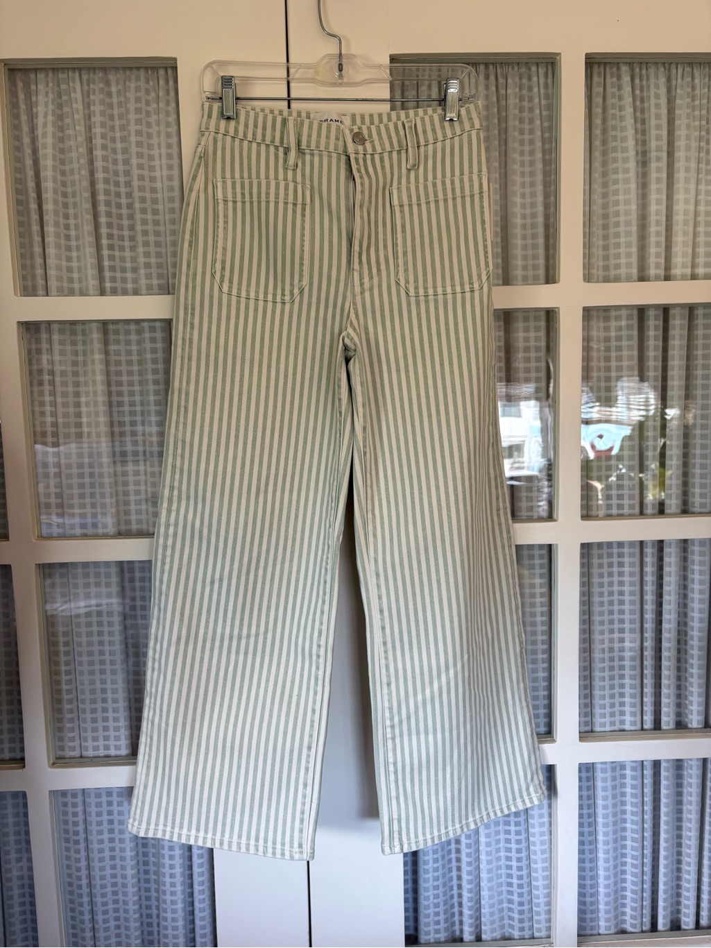 Frame Denim Green And White Striped Wide Leg Jeans
